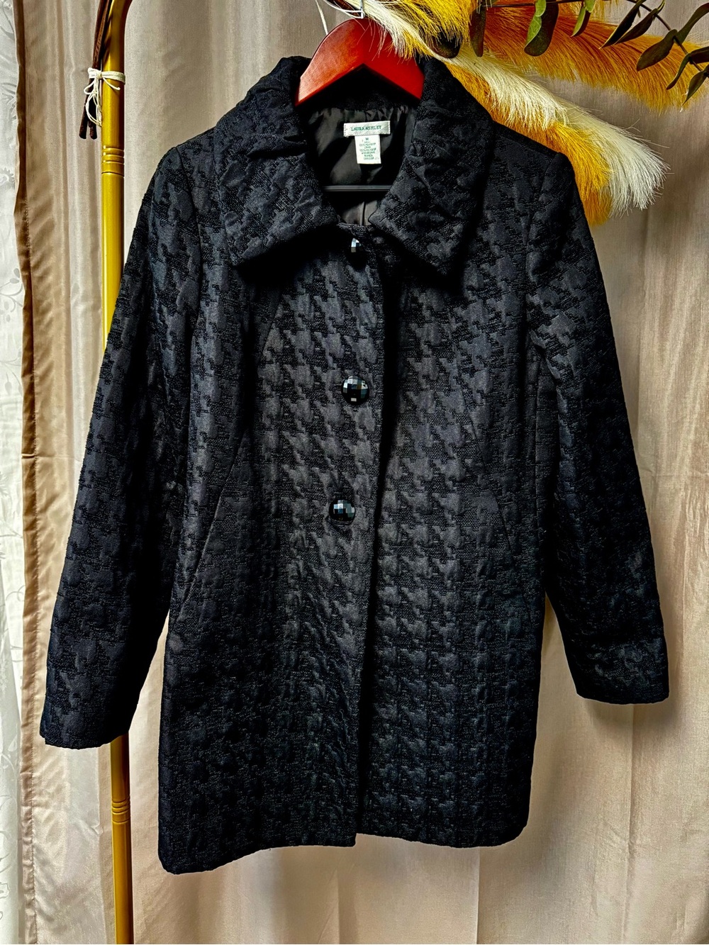 Laura Ashley Black Houndstooth Woven Knee Length Button Up Peacoat Jacket Medium - Picture 3 of 9